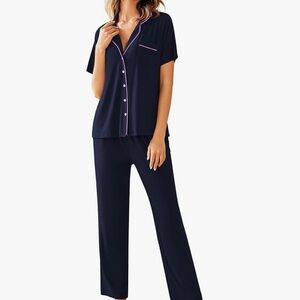 Women's Navy Pajama Set with Pink Trim